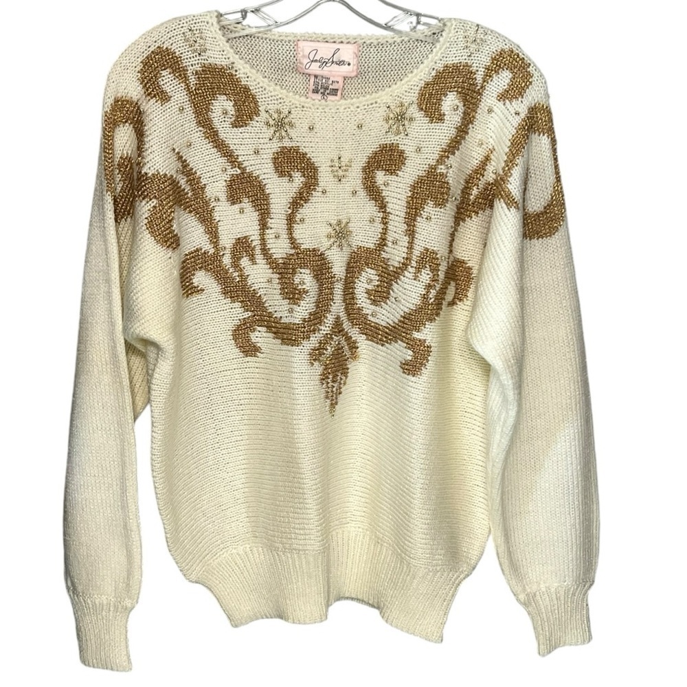Jaclyn Smith Vintage 90’s Gold Beaded Cream Snowflake Sweater Large